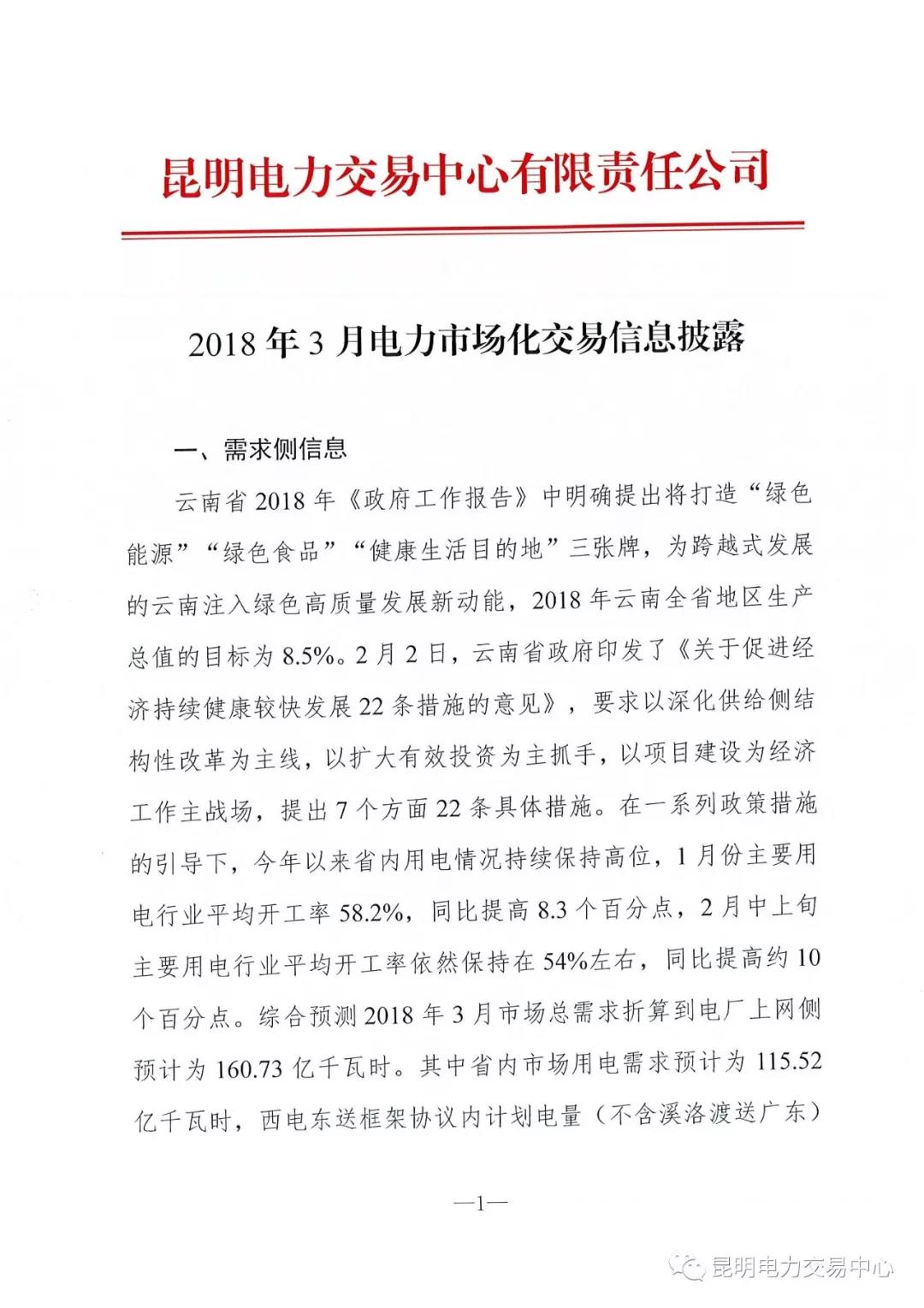 云南3月電力市場化交易信息披露：省內市場可競價電量約65億千瓦時